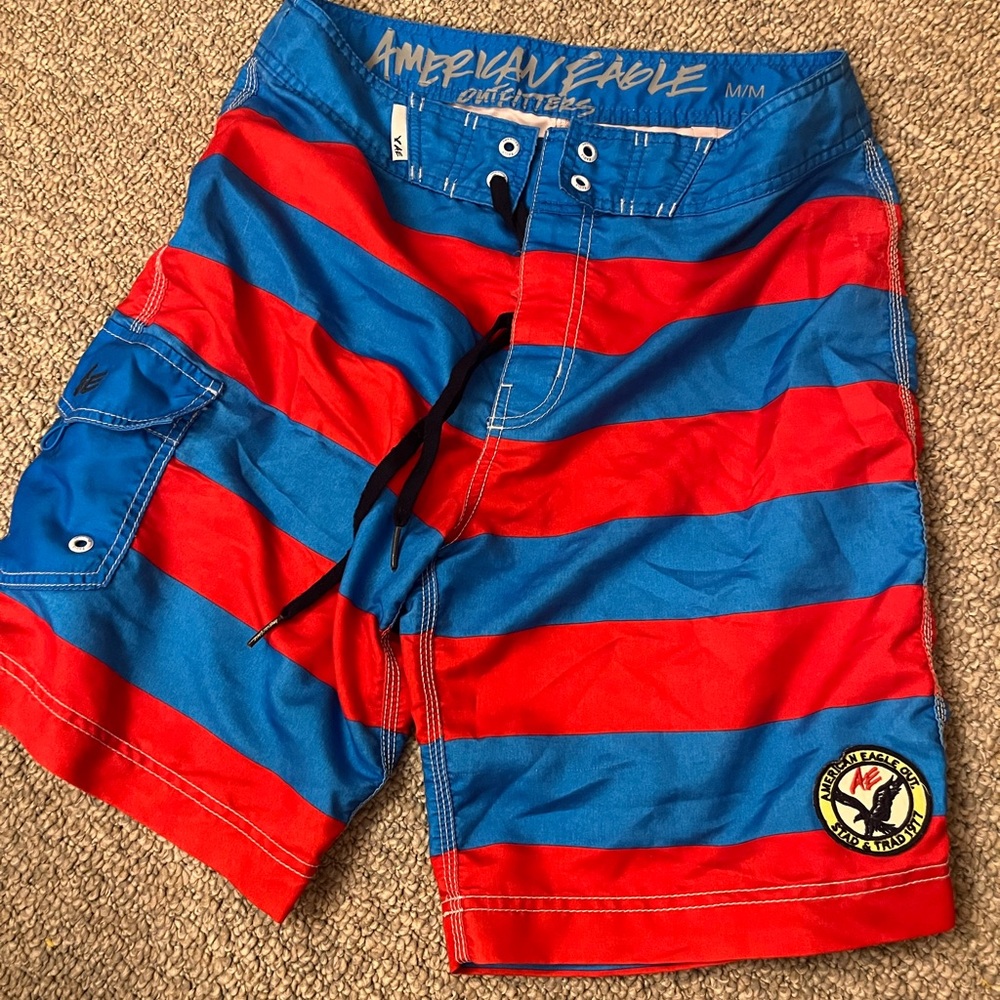 American Eagle Red and Blue Striped Board Shorts Swim Trunks